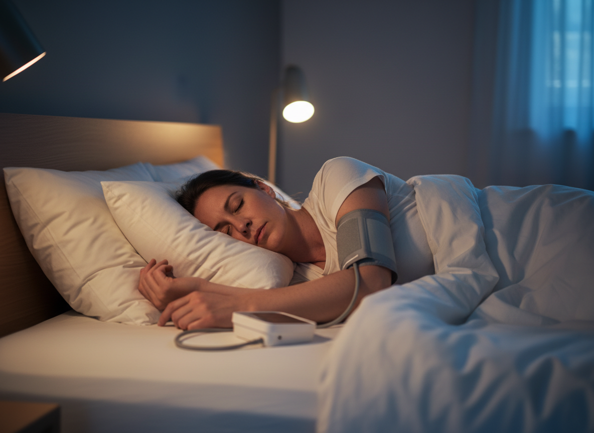 A sleeping adult wearing an ambulatory blood pressure cuff at night.