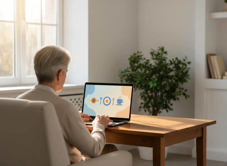 Older adult using a laptop for a home-based multitasking training activity
