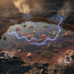 RNA and amino acids helped each other form longer molecules in an origin-of-life experiment Scientific editorial image of early-Earth chemistry with RNA-like strands and amino acids assembling into longer molecular chains