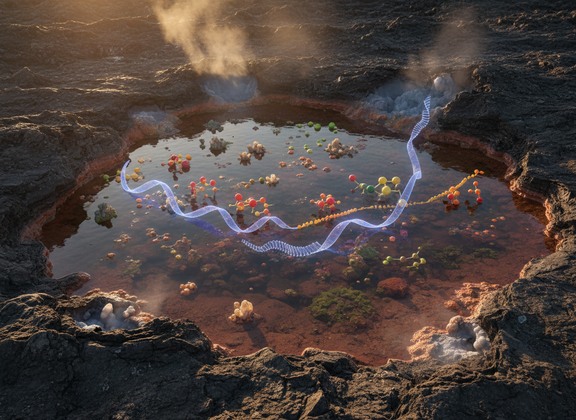 Scientific editorial image of early-Earth chemistry with RNA-like strands and amino acids assembling into longer molecular chains