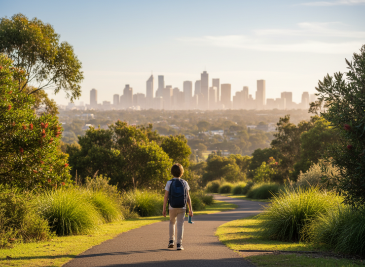 Child carrying an inhaler while walking through a green urban park with a distant city skyline.