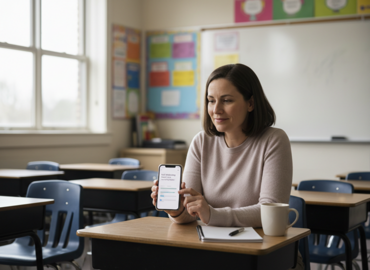 A teacher taking a brief reflective pause at a desk in a quiet classroom