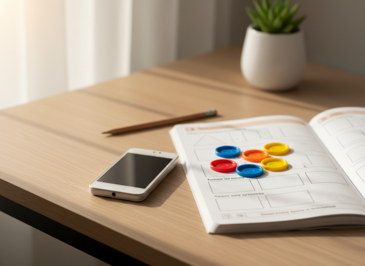 A basic mobile phone beside a primary-school numeracy workbook and counting counters on a study desk