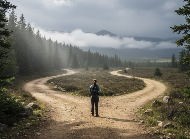 A person considering several branching paths in an uncertain changing environment
