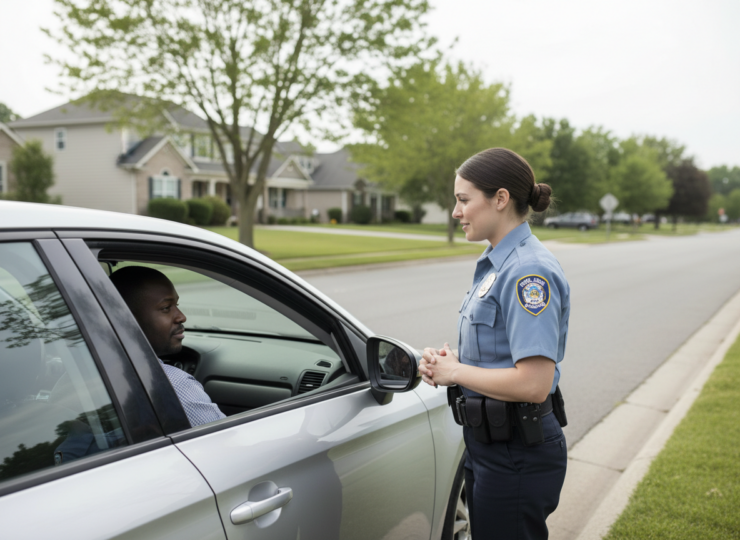 A police officer speaking calmly with a driver during a roadside traffic stop