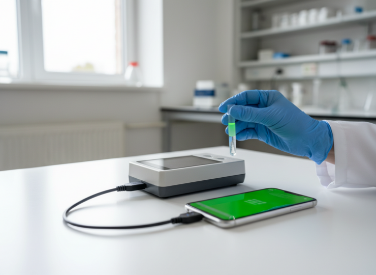 Gloved hand holding a reaction tube beside a compact portable molecular diagnostic reader