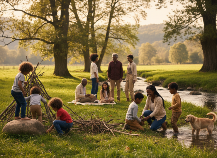 Children playing outdoors with supportive caregivers nearby, illustrating positive childhood experiences and social connection.