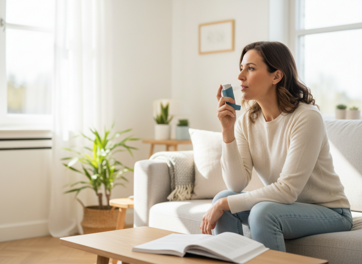 Adult using an inhaler, illustrating persistent respiratory symptoms after COVID-19 in people with asthma or COPD