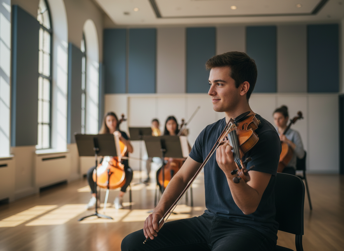 University music students rehearsing together in a supportive ensemble setting