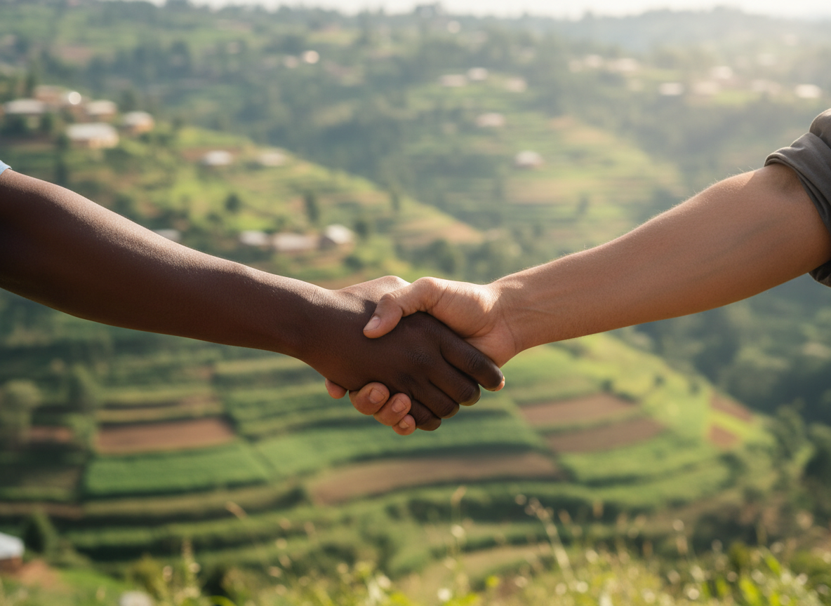 Two people shaking hands against a softly blurred green hillside landscape, symbolising reconciliation and social rebuilding.