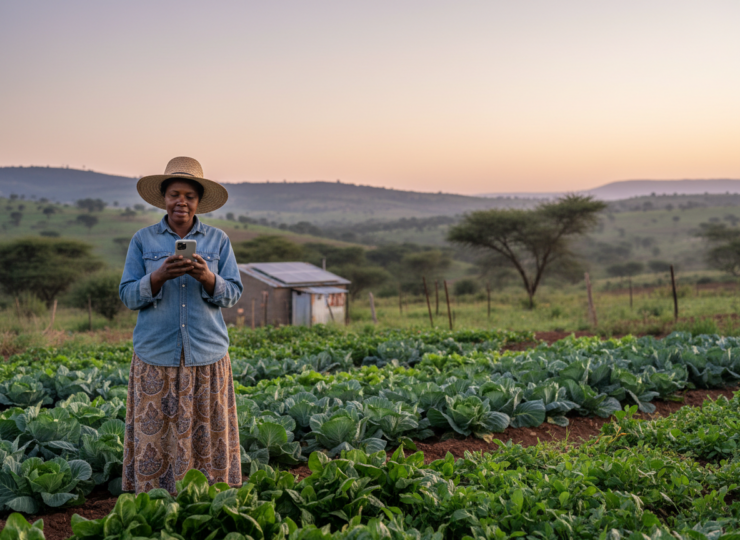 A rural South African woman farmer using a smartphone beside vegetable crops