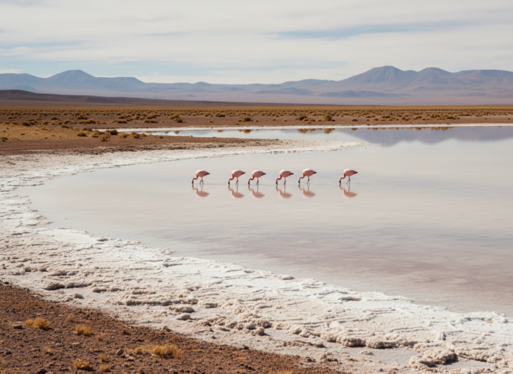 Flamingos feeding in a saline lake surrounded by a dry landscape
