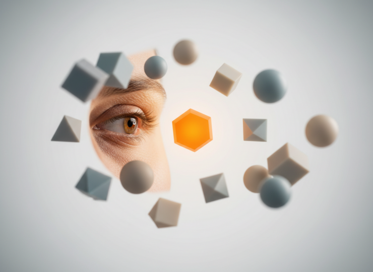 A person focuses on one coloured visual cue among muted distractors, illustrating selective attention and reward learning.
