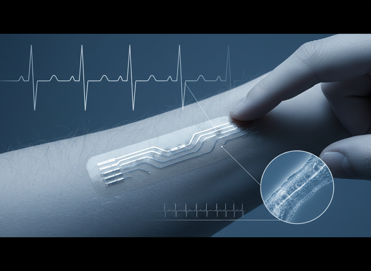 A flexible translucent skin sensor on a forearm with ECG and pulse visualizations in the background.