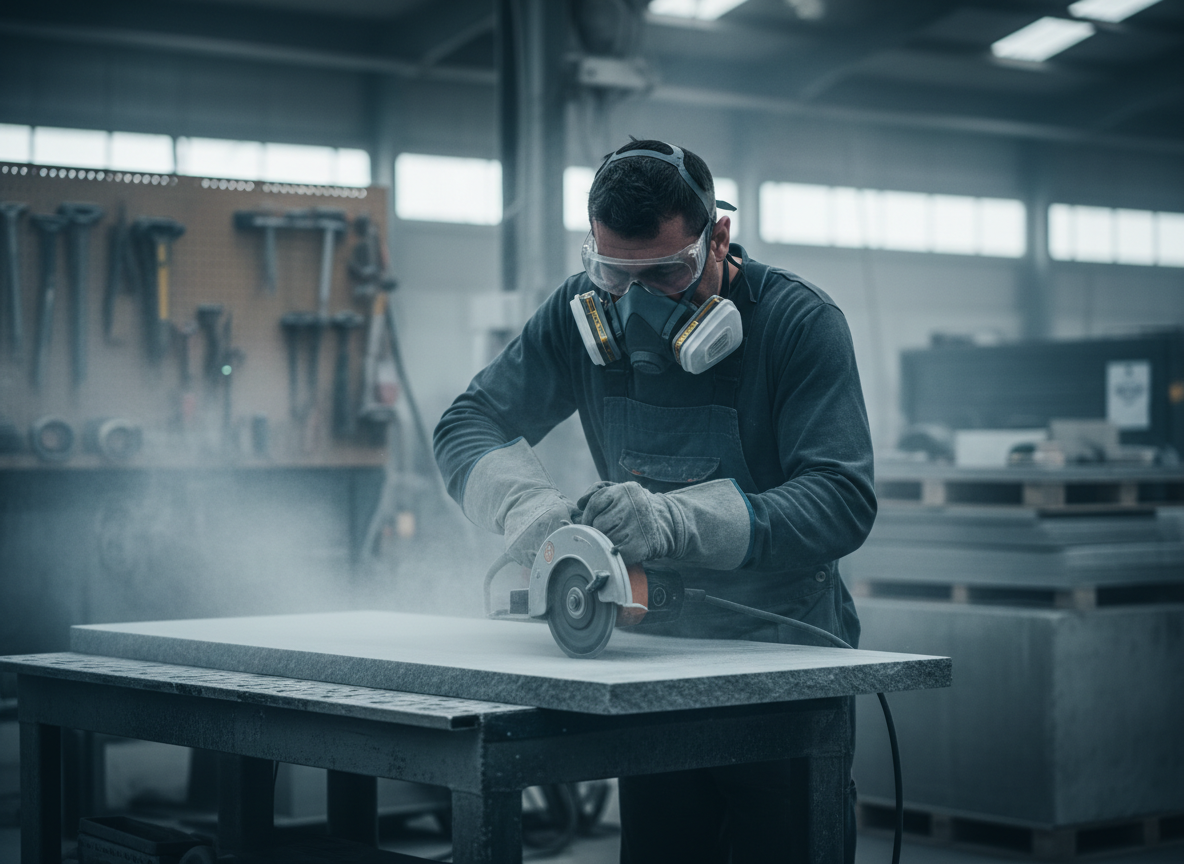 A worker wearing protective equipment cuts a stone slab in a dusty industrial workshop.
