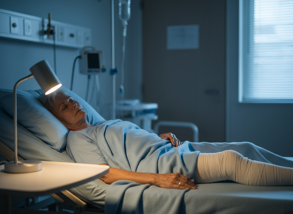 An older knee replacement patient sleeping in a hospital bed during recovery.