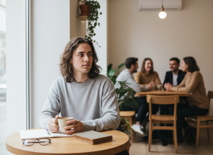 A person at a cafe table considering a nearby social gathering while an open book rests beside them.