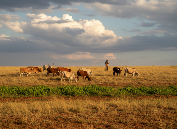 Cattle and a livestock herder in a semi-arid southern African rangeland under variable weather conditions.