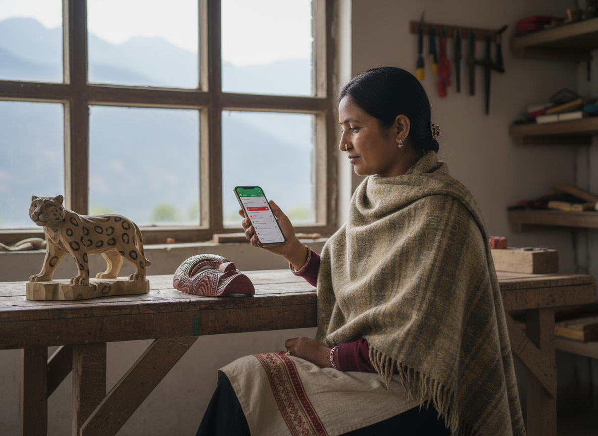 Artisan entrepreneur using a smartphone beside a handmade product in a small workshop.