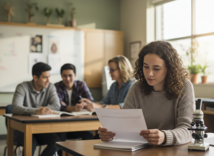 College biology students reviewing an assessment in a classroom after receiving feedback.