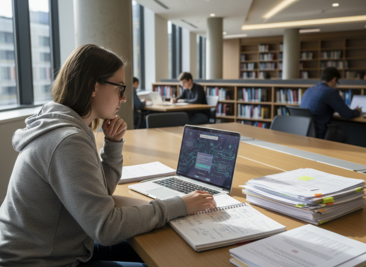 University student critically evaluating information while working with a generative AI tool on a laptop.