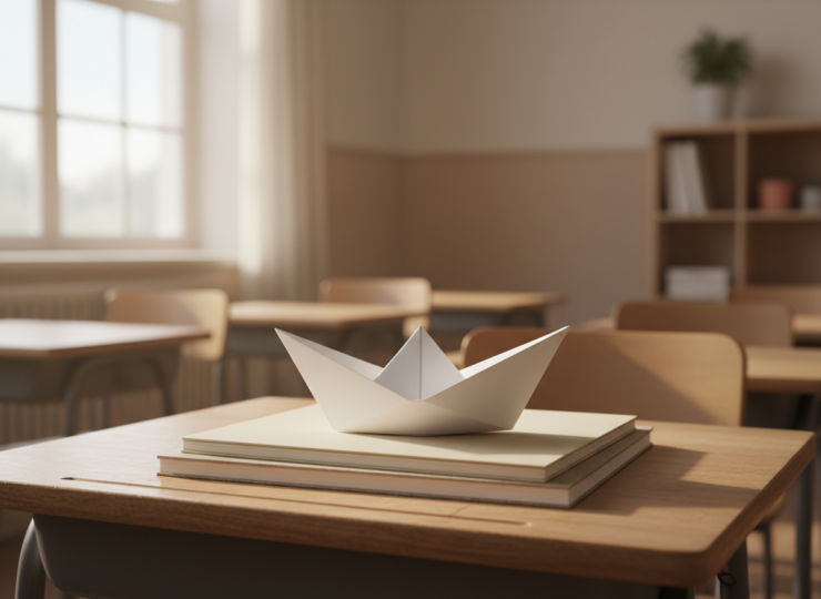 A white paper boat on a classroom desk between notebooks, symbolising different student perspectives on refugeehood.