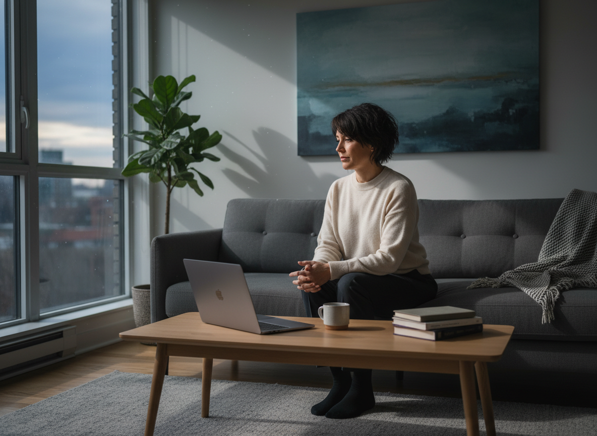An employee sitting thoughtfully beside a closed laptop on a Sunday evening.