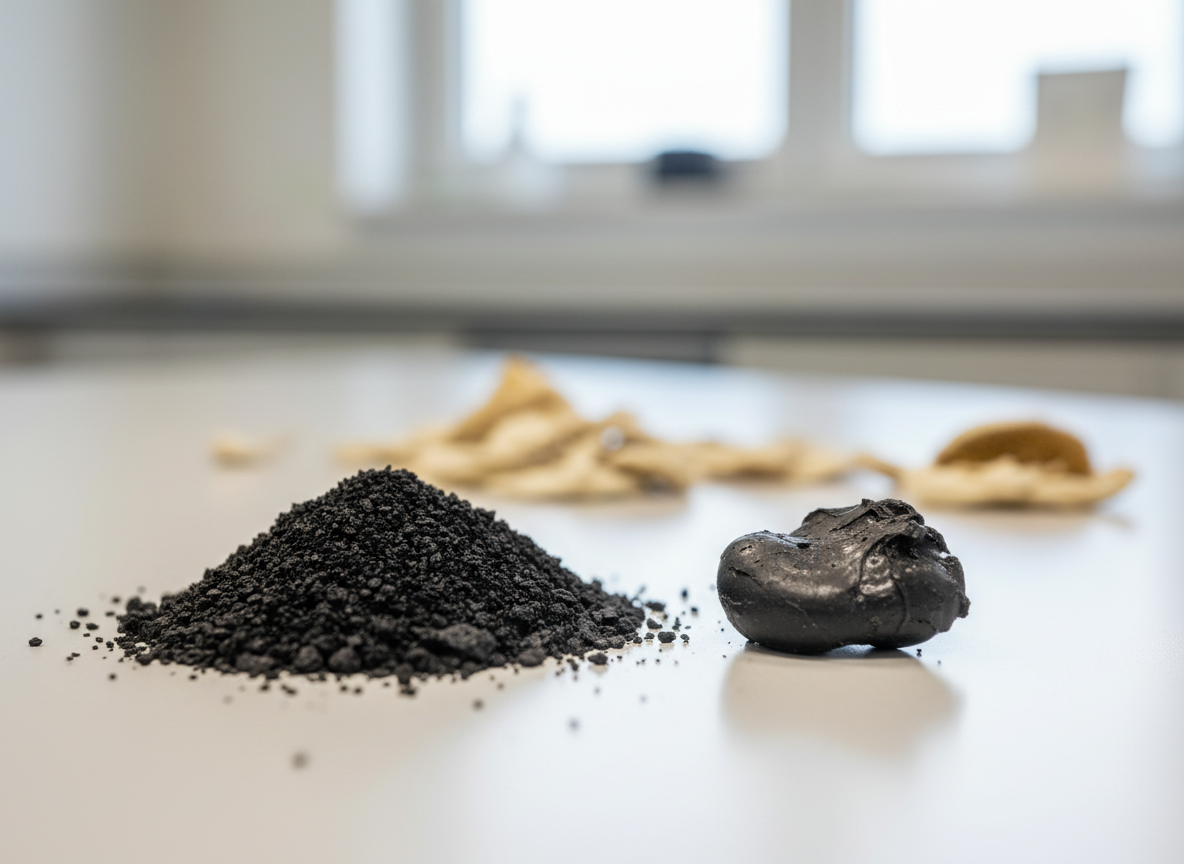 Sunflower husk biochar beside a rubber sample in a materials laboratory.