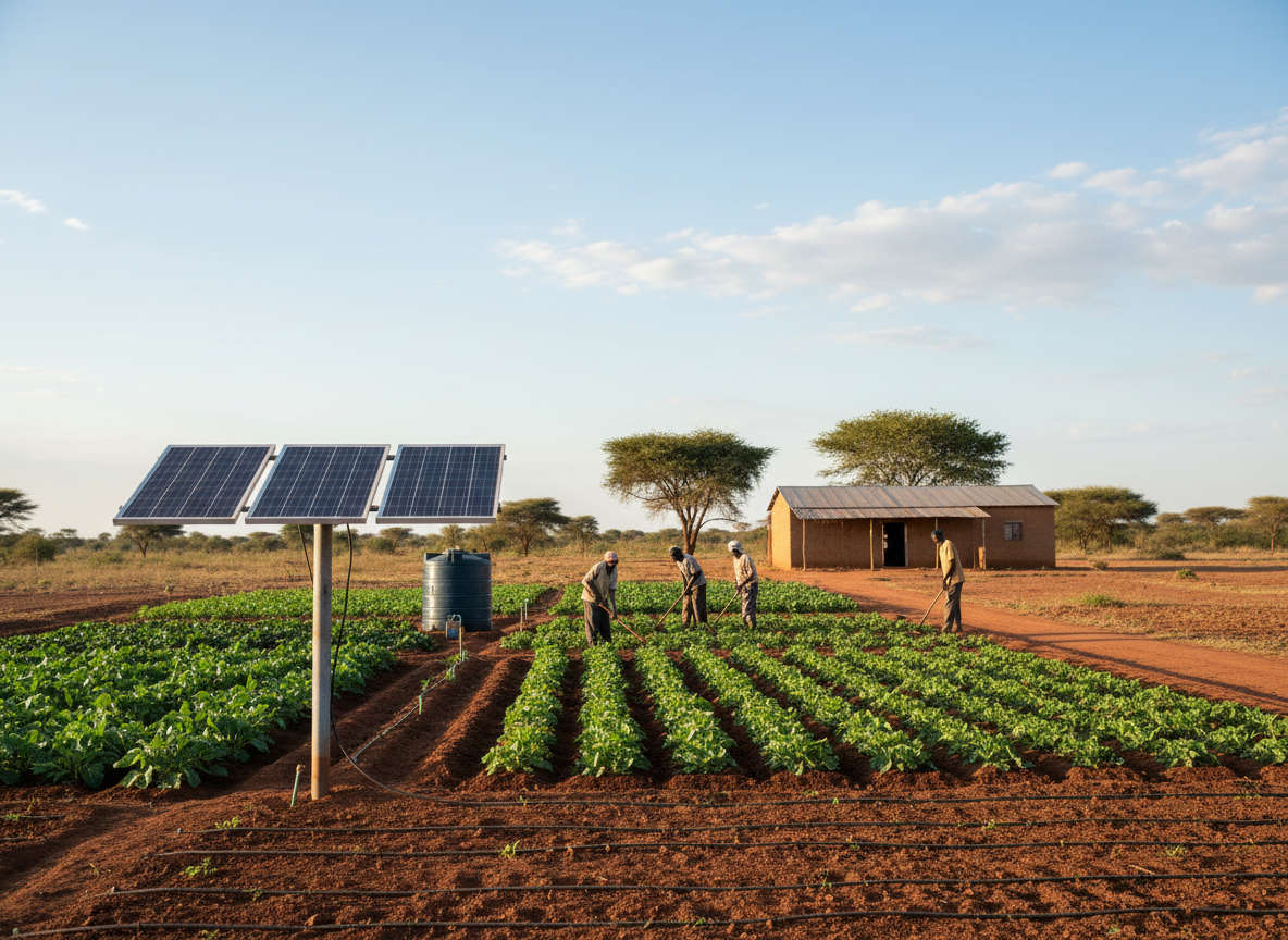 Solar panels beside cultivated fields at a remote community farm in sub-Saharan Africa.