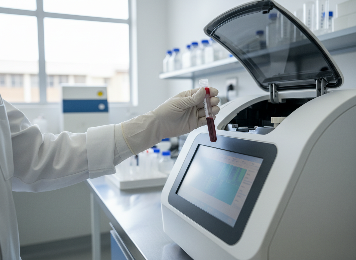 Blood sample beside a clinical laboratory analyser used for HIV treatment monitoring.