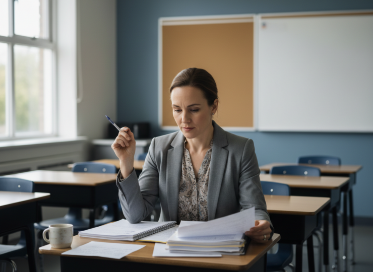 Teacher reviewing papers in a classroom, illustrating education policy implementation and workload