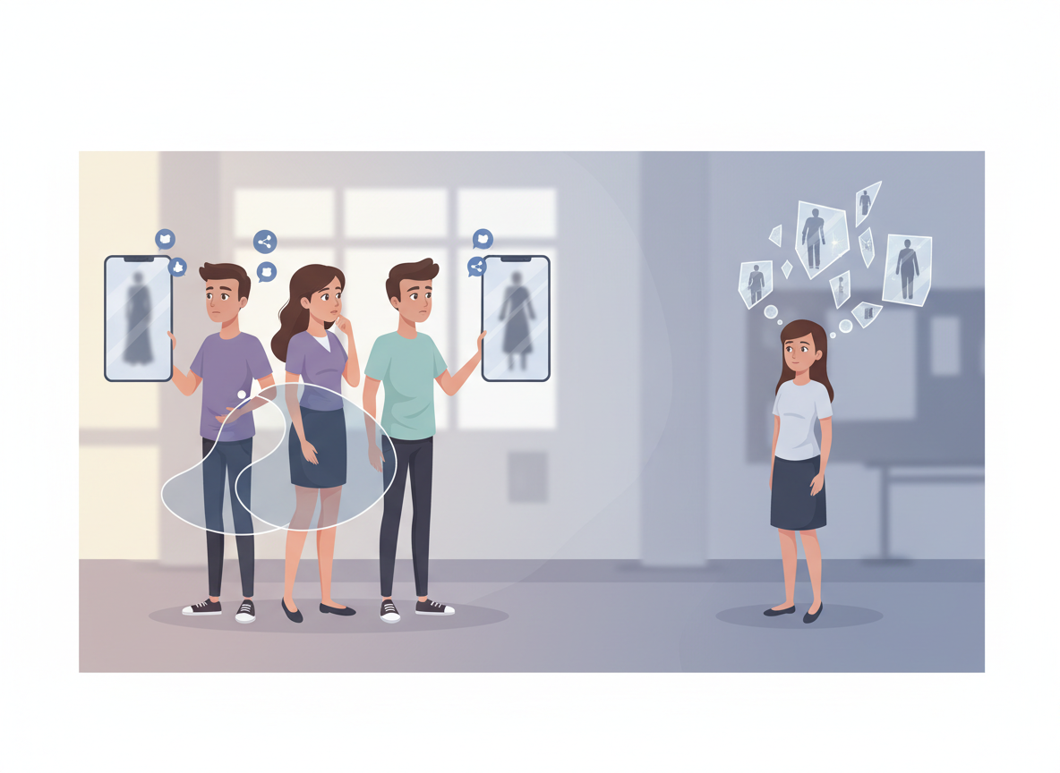 A stylized editorial illustration of teenagers showing social isolation and body-image pressure without text.