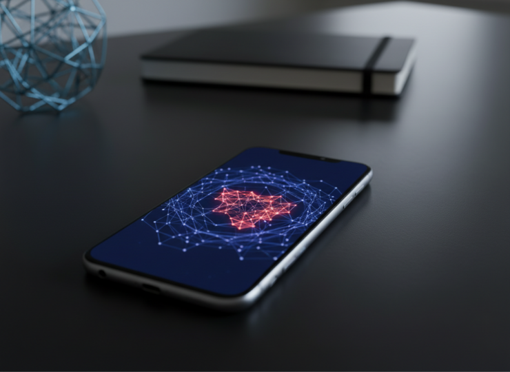 Smartphone with an abstract network of connected conversation nodes, illustrating automated troll detection.