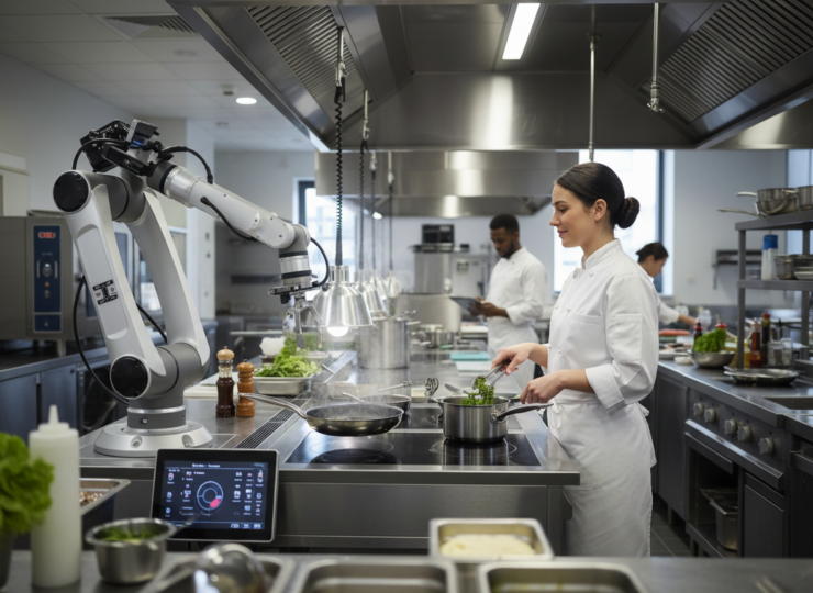 A restaurant cooking robot working alongside a human chef in a professional kitchen