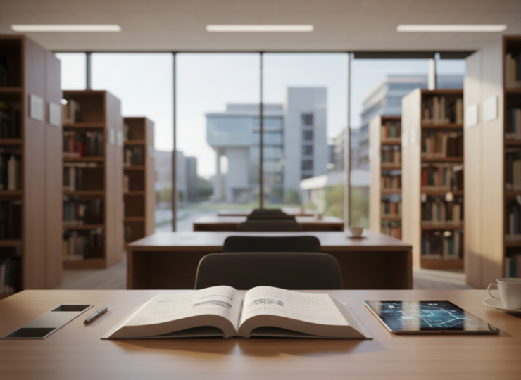 Open research book in a modern university library with a research building visible beyond the windows