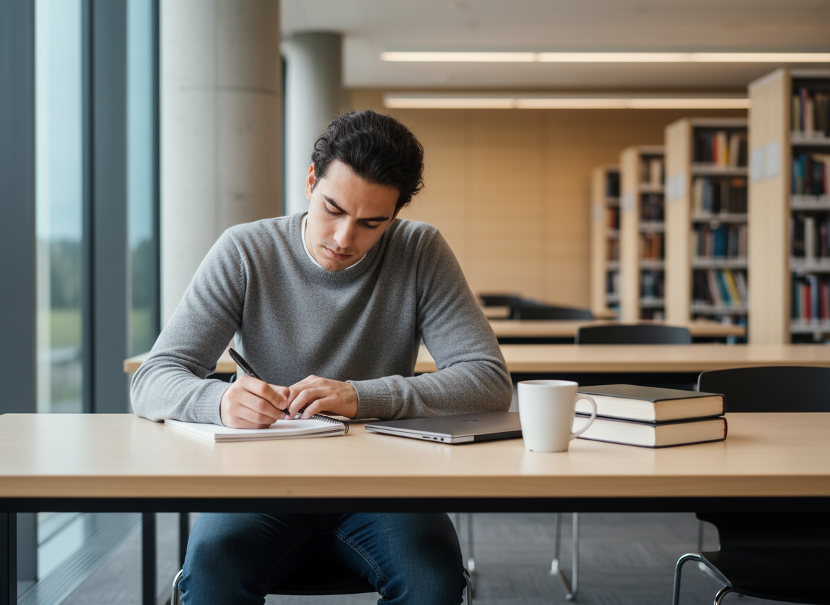 An adult university student writing thoughtfully in a notebook in a bright library.