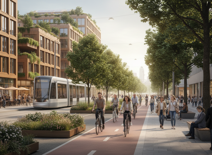 A modern city with cyclists, public transport, green buildings and trees representing climate action and public health