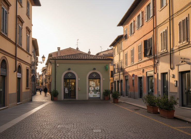 A community pharmacy on an Italian urban street, illustrating neighbourhood access to pharmacy services.