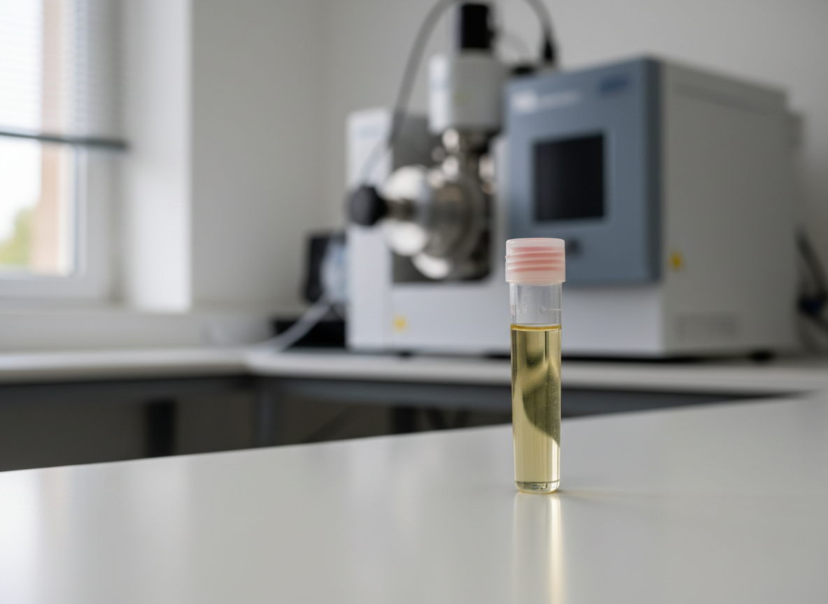 A clinical urine specimen tube on a laboratory bench with analytical equipment softly blurred in the background.