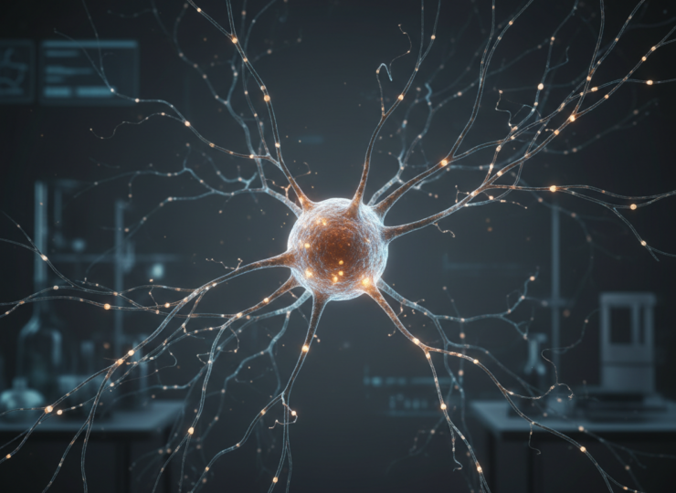 Scientific illustration of a neuron with branching dendrites, representing research into WDFY3-related neuronal development.