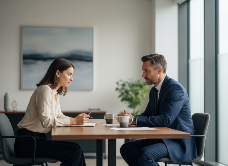 Manager and employee in a constructive workplace conversation about accountability and ethical boundaries