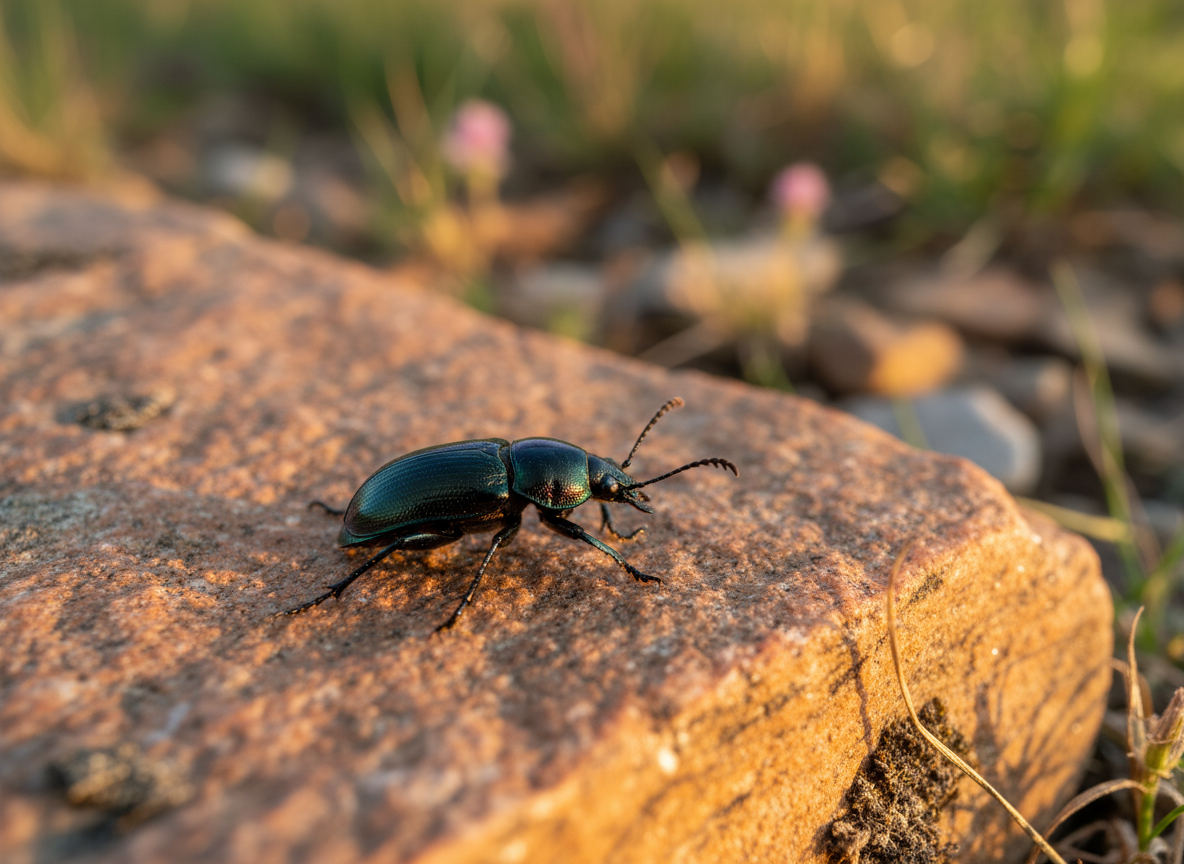 A ground beetle on a sun-warmed rock, illustrating research on warming and invertebrate metabolism.