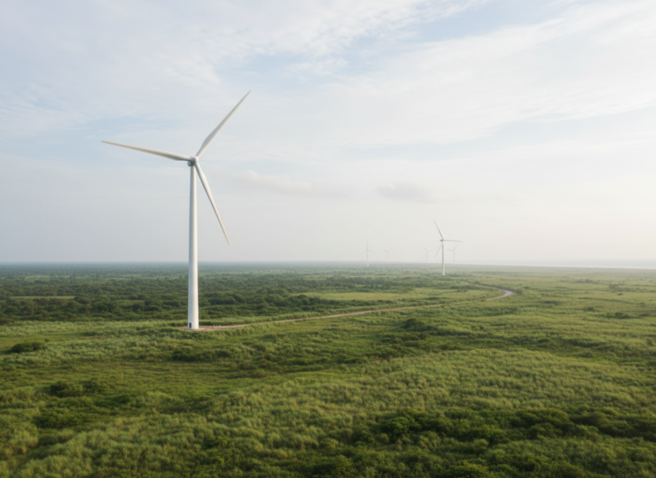 A wind turbine on an open coastal plain representing wind energy corridor planning.