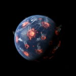 Editorial illustration of the young Earth cooling after intense early bombardment.