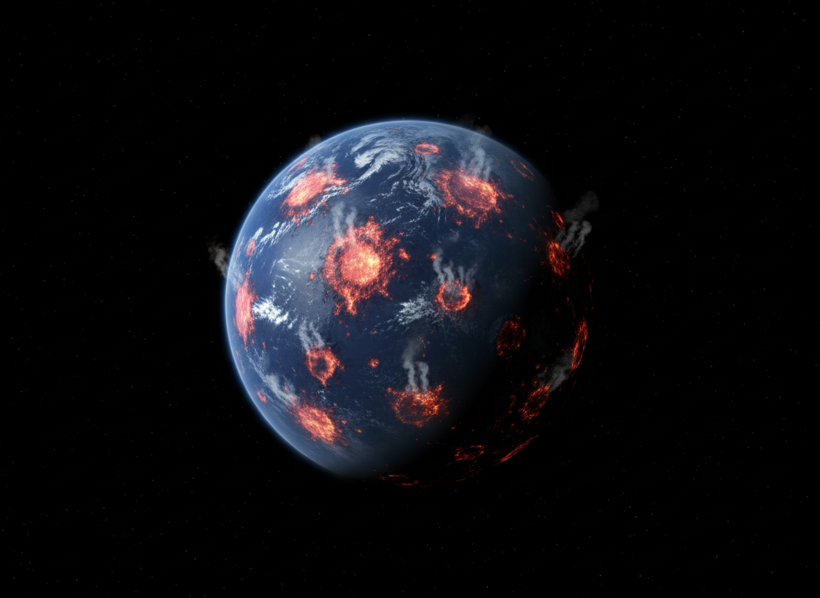 Editorial illustration of the young Earth cooling after intense early bombardment.