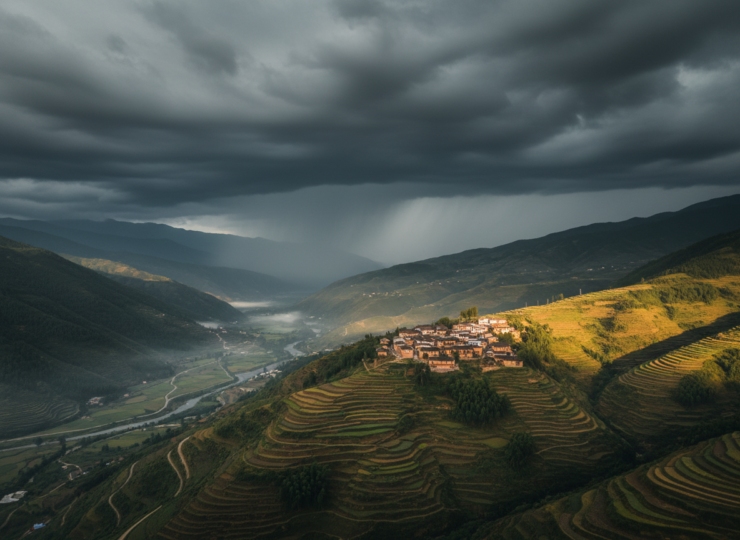 Mountain village in a green Yunnan valley beneath contrasting sunlight and heavy rain clouds