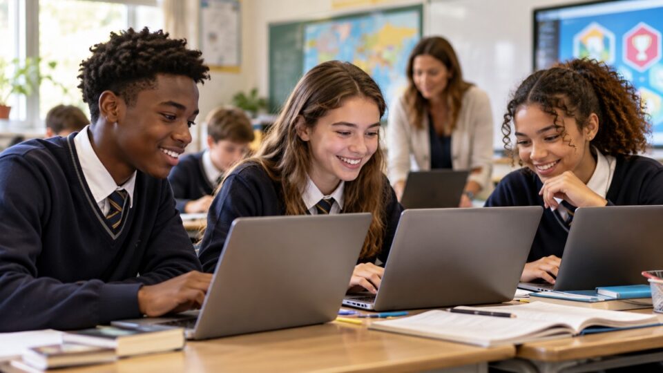 Secondary-school students engaged in a gamified digital learning activity in a classroom