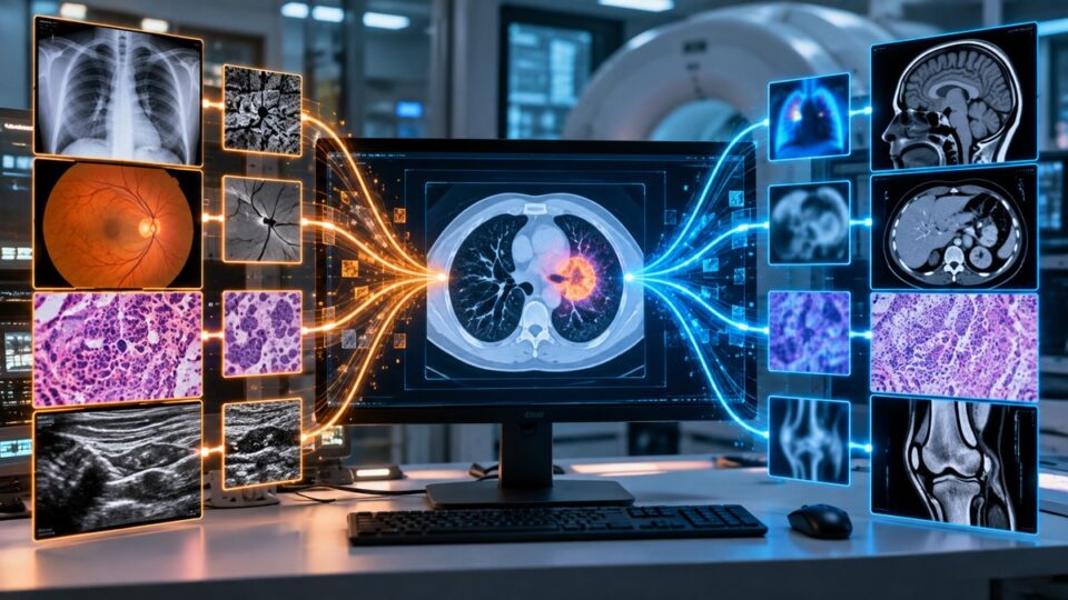 Medical imaging workstation illustrating complementary AI analysis of multiple scan types