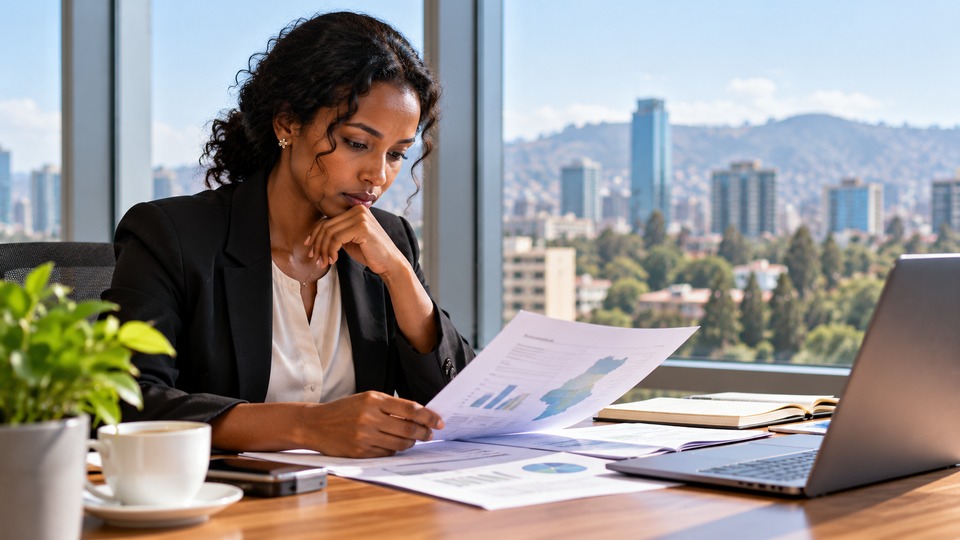 Banking professional reviewing market and economic information in an office