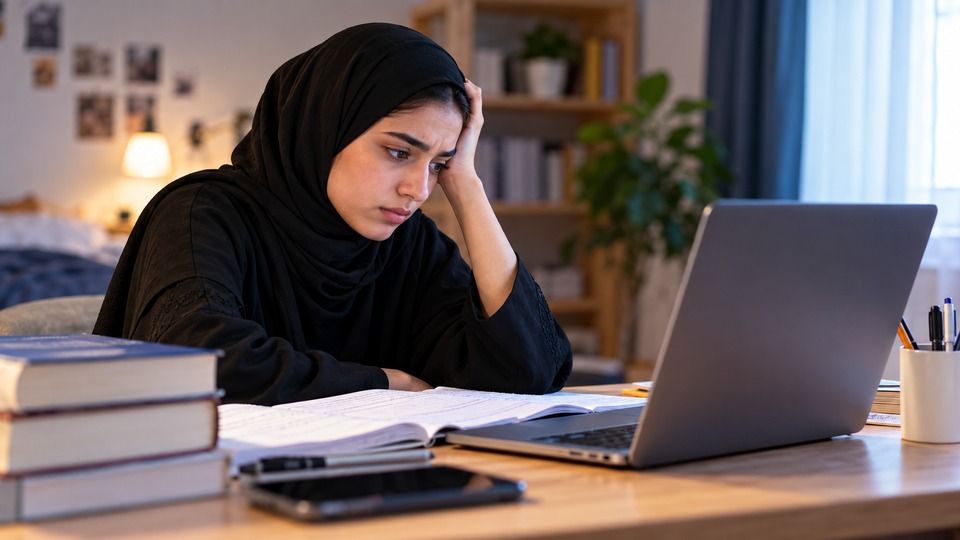 University student studying at a laptop, illustrating research on cyber harassment and academic impairment